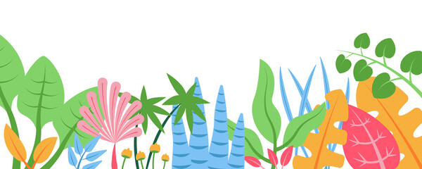 Poster - Summer nature background with floral pattern concept. Horizontal web banner with colorful leaves and plants. Decorative botanical border isolated. Illustration in flat design for website.