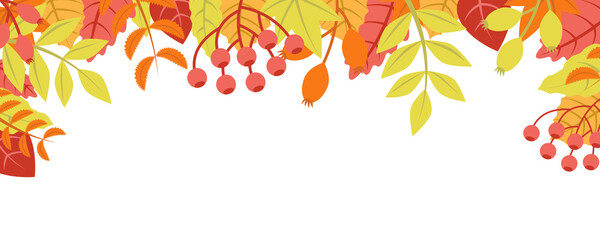 Poster - Autumn nature background with leafage pattern concept. Horizontal web banner with orange, red and yellow leaves. Autumnal colourful elements border. Illustration in flat design for website.