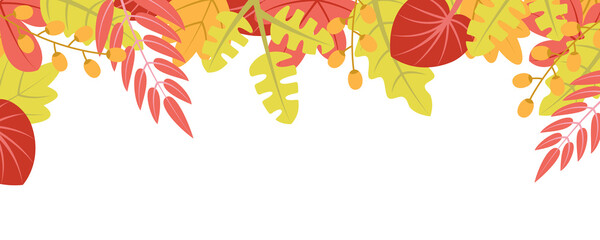 Poster - Autumn nature background with leafage pattern concept. Horizontal web banner with fall leaves, rowanberry and other berries elements. Autumnal border. Illustration in flat design for website.