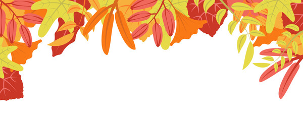 Aufkleber - Autumn nature background with leafage pattern concept. Horizontal web banner with orange, red and yellow leaves and berries elements. Cute plants border. Illustration in flat design for website.