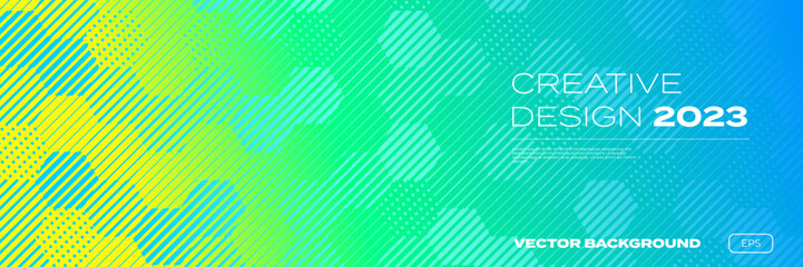 Poster - Color gradient background, geometric halftone pattern, vector abstract trendy graphic design. Honeycomb mosaic line pattern in blue and yellow green halftone gradient background
