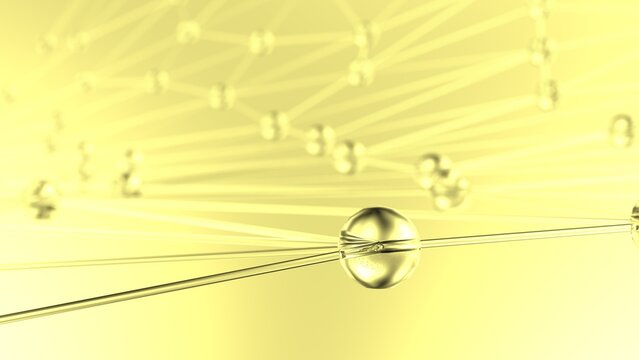 Clear glass atom structure on soft yellow background. Concept of biological science, network technology and human strategy. 3D CG. 3D high quality rendering. 3D illustration.