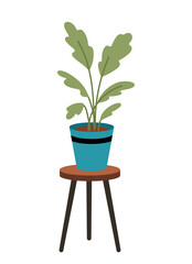 Wall Mural - Home decor object. Sticker with beautiful green plant in blue pot on small wooden table. Design element for social networks and print. Cartoon flat vector illustration isolated on white background