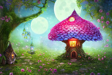 Magical Fantasy Elf Or Gnome House In Tree With Window And Lantern, Bench In Enchanted Fairy Tale Forest With Fabulous Fairytale Blooming Pink Rose Flower Garden And Shiny Glowing Moon Rays In Night