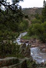 Cache La Poudre Wild And Scenic River Valley In Colorado On A Stormy, Overcast Day