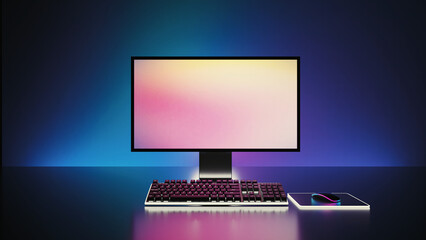 Fototapete - Game computer desktop with blue lights background, Modern PC computer mockup, gaming keyboard. 3d rendering illustration
