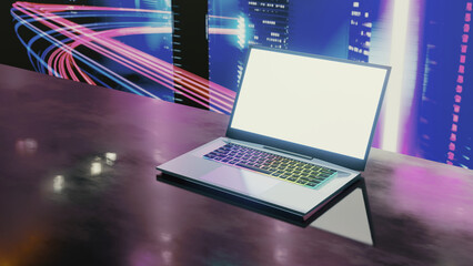 Fototapete - Game Laptop computer with glow color light on black table dark neon background. 3D illustration rendering.