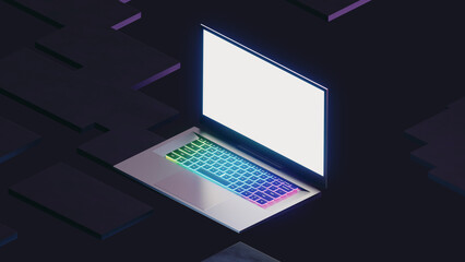 Fototapete - Game Laptop computer with glow color light on dark graphic background. isometric view image. 3D illustration rendering.