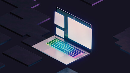 Fototapete - Game Laptop computer glow color light with window screen on dark graphic background. isometric view image. 3D illustration rendering.