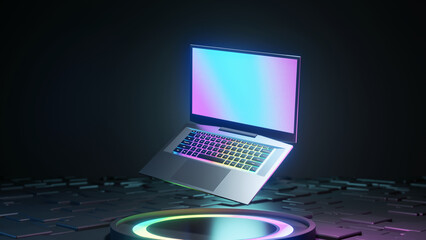 Fototapete - Game Laptop computer with glow color light on dark background. 3D illustration rendering.