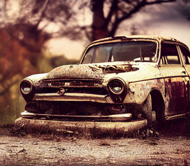 Wall Mural - Abandoned vintage car in a rusty condition. 3D illustration