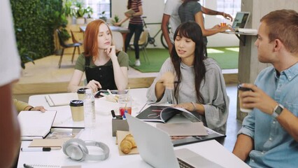 Aufkleber - Creative startup meeting, office team asking and planning ideas for staff company discussion, collaboration and talking in trendy agency. Teamwork, diversity and group of designers question strategy