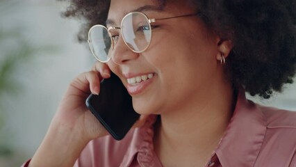 Aufkleber - Black woman, laptop or phone call for networking with customer for digital marketing strategy deal, b2b sales or collaboration. Smile, happy or creative worker with communication technology in office
