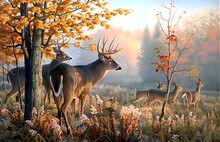 Deer In The Forest. Landscape Painting Of Buck And Doe Family. 3d Rendering.