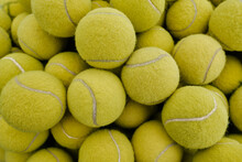Horizontal From Above Close-up No People Shot Of Yellow Tennis Balls Bunch, Sport Background Concept