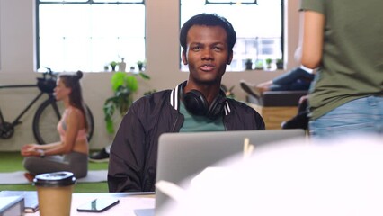 Aufkleber - Creative, teamwork and idea with a business man and colleague working together as a team in their office on design and creativity. Creative, collaboration and technology with a male graphic designer
