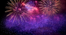 Purple Firework Celebrate Anniversary Happy New Year 2023, 4th Of July Holiday Festival. Purple Firework In Night Time Celebrate National Holiday. Violet Firework Countdown To New Year 2023 Festival