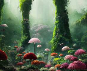 Wall Mural - Fantastic Colorful Flower Forest in Mysterious Mountain Fantasy Backdrop Concept Art Realistic Illustration Video Game Background Digital Painting CG Artwork Scenery Artwork Serious Book Illustration
