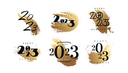 Wall Mural - Set of 2023 Happy New Year Logo Text Design with Golden Brush. 2023 Happy New Year Symbol Isolated on White Background. Usable for Label, Calendar Design or Celebration Card