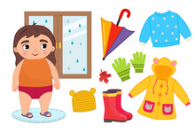 Vector Set Of Seasonal Autumn Clothes For Kids. Illustration Of A Cartoon Girl Looking Out The Window.
