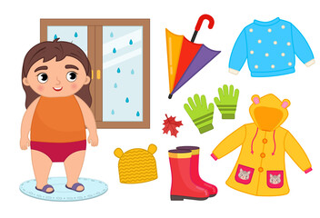 Wall Mural - Vector set of seasonal autumn clothes for kids. Illustration of a cartoon girl looking out the window.
