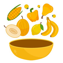 Vector Illustration Of A Yellow Bowl. Cartoon Yellow Vegetables And Fruits.
