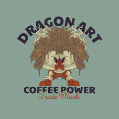 Cartoon emblem of dragon coffee mascot with retro style