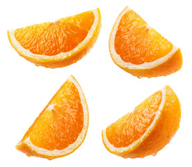 Wall Mural - orange isolated set. collection of ripe juicy orange slices in water drops on a white background.