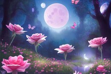 Fantasy Magical Enchanted Fairy Tale Landscape With Forest Lake, Fabulous Fairytale Blooming Pink Rose Flower Garden And Two Butterflies On Mysterious Blue Background And Glowing Moon Ray In Night