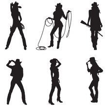 Set Of Beautiful Cowgirl Silhouette On White Background