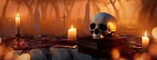 Seasonal Background With Skull And Candles In A Atmospheric Cemetery. Halloween Concept.