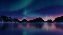 Winter Landscape With Aurora Lights. Blue Sky Wallpaper With Copy-space.