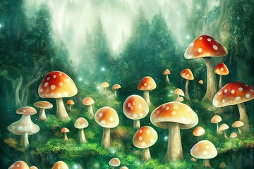 Poster - Fantasy enchanted fairy tale forest with giant mushrooms, magical elf or gnome house with shining window in pine tree hollow and flying fairytale magic butterflies leaving path with luminous sparkles