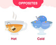 Vector learning material for kids opposites hot cold. Cartoon illustrations of hot tea and cold ice cream.
