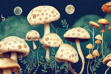 The Night Wallpaper Features The Mushroom, Moon, Stars, Snails, Butterflies And Plants. Night Mushroom Art. Hight Quality Illustration. 3d Rendering Illustration.