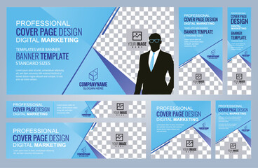 Wall Mural - Set of Blue and Black Web banners templates, Coverpage Standard sizes with space. Vector illustration