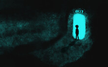 The silhouette of a boy walking out of the illuminated exit inside the cave. A child who escaped from a place where there was a human laboratory. Digital art style. illustration painting.