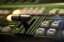 Close Up Of Tv Switcher Machine Digital Analogue Broadcast Podcast Buttons Live