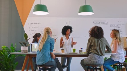 Poster - Leadership, presentation and meeting with business people collaboration on growth and sales discussion in modern office. Planning, goal and strategy with black leader sharing marketing vision target