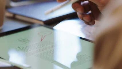 Aufkleber - Hand, pen and digital tablet in marketing and advertising company with market or business research online. Woman employee reading article on website homepage working on web design with technology