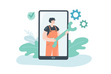 Poster - Worker with wrench on phone screen flat vector illustration. Online repair service. Maintenance, assistance, diagnostic, cyberspace concept for banner, website design or landing web page