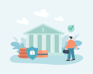 Wall Mural - money insurance flat vector illustration. businessman depositing money in bank. money protection, se