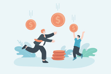 Wall Mural - Tiny people catching coins from sky flat vector illustration. Employees making money. Wealth, banking, success, economy concept for banner, website design or landing web page