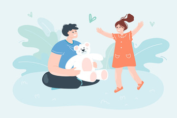 Father giving toy to daughter flat vector illustration. Dad sitting on floor and playing with little kid. Family, togetherness, love, care concept for banner, website design or landing web page