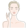 Beautiful young woman with closed eyes. She touches her cheek with her finger. Beauty, fashion, makeup, skincare concept. Vector illustration in line drawing, isolated on white background.