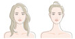 Front face of young women. Long hair and up in a bun. Beauty, fashion, makeup, skincare concept. Vector illustration in line drawing, isolated on white background.