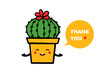 Cute doodle style cacti, cactus, succulents in pot character saying thank you, showing appreciation.
