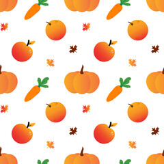 Wall Mural - Vector seamless pattern background with apples, oranges, pumpkins, carrots, maple leaves for autumn, fall, harvest, thanksgiving design.
