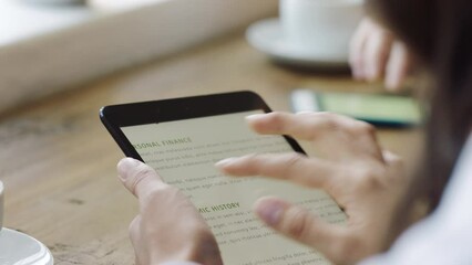 Aufkleber - Woman reading tablet with business, finance and economy research on screen with data, app and media analytics in cafe. Hands digital planning tech, financial internet news and online stocks analysis