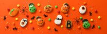 Concept Of Halloween Sweets, Funny Sweets, Top View
